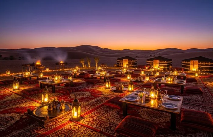 Sunset over Arabian dunes during overnight desert safari