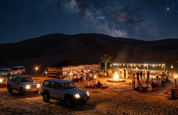 BBQ dinner under the stars during overnight desert camping